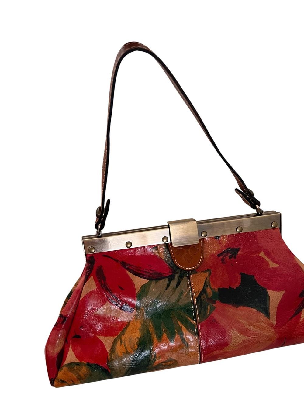 Patricia Nash Floral Leather Frame-Top Shoulder Bag in Red